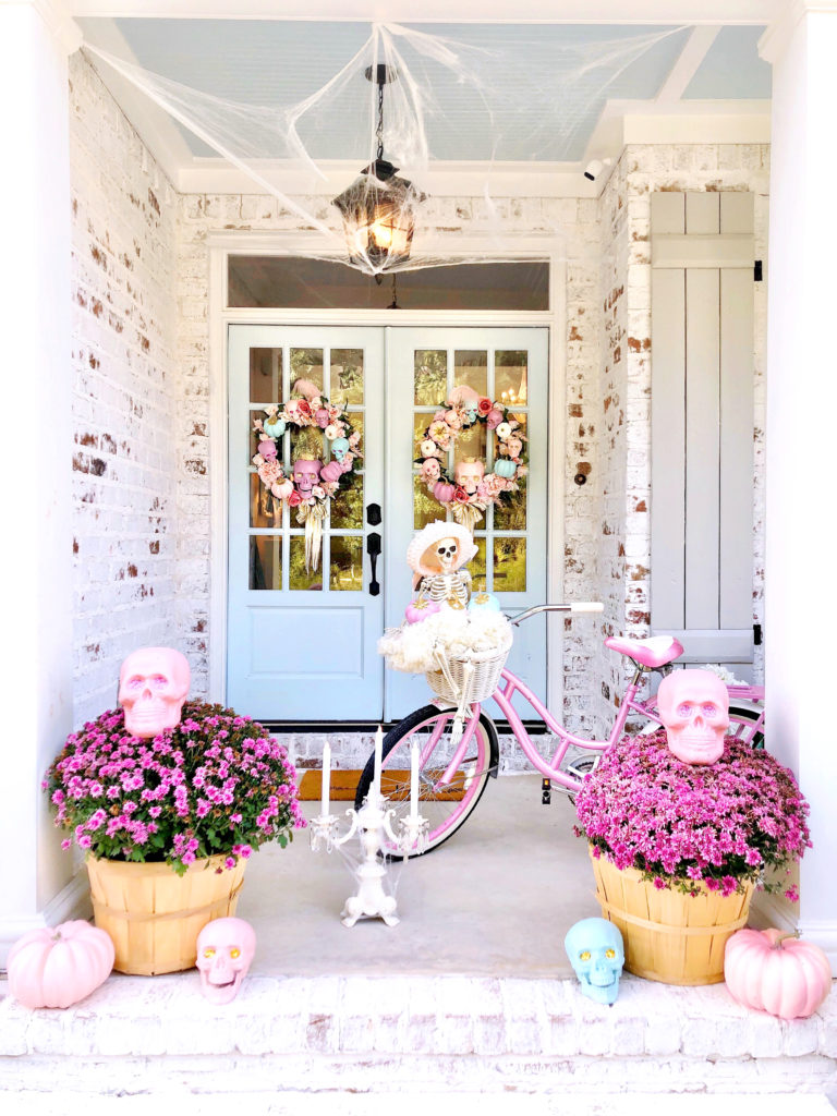pink halloween porch decor